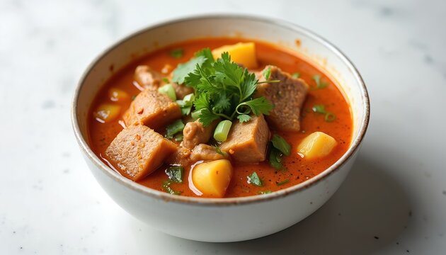 Northern Thai pork curry in rich sauce with tender chunks and herbs. Tasty spicy soup with asian spices, potatoes and pork. Delicious meal in bowl.