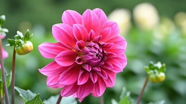 Close up of a vibrant pink dahlia flower in full bloom with green foliage background.