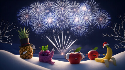 Happy fruit characters enjoying fireworks display