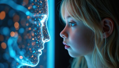 Young girl stares at glowing digital human face. Futuristic AI connection, virtual reality interface, and online identity concepts visualized. Future tech innovation.