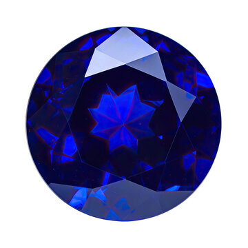 Brilliant cut deep blue gemstone displaying intense internal light reflection on a black background.