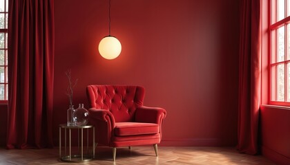Red velvet armchair beside window with red drapes. Contemporary room decor with pendant lamp, side table, glass vases. Minimalist interior with wooden floor.