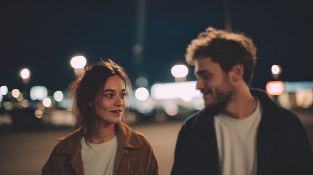 Young couple standing in a city at night, facing each other and smiling at each other. the woman is on the left side of the image, wearing a brown jacket and has shoulder-length dark hair.
