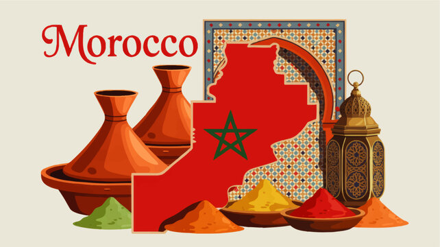 Morocco travel illustration with map, tagine pots, spices, Arabic lantern and Islamic mosaic arch, colorful cultural tourism art