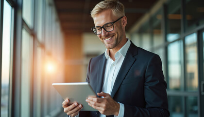 Smiling man in suit uses tablet in modern office near window. Businessman checks mobile device, works on tech. Confident executive reviews data on screen. Person is happy with work. Tech savvy pro.