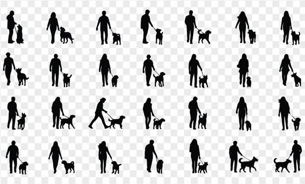 Silhouettes of People Walking Dogs