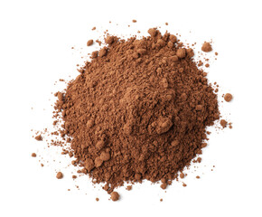 Pile of cocoa powder isolated on white, top view