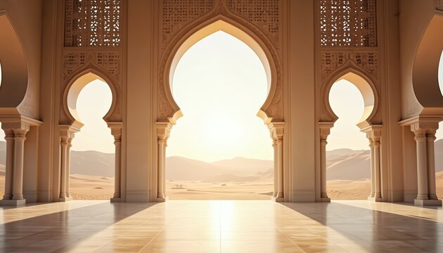 Ornate islamic arches open to desert landscape. Sunlight streams through ornate windows onto marble floor. Vast sand dunes stretch to horizon. Ancient oriental architecture with intricate details.