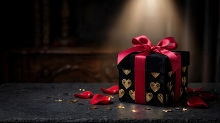 Luxury black gift box with red ribbon and heart pattern