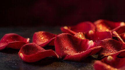 Red rose petals with golden shimmer on dark surface