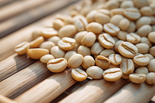 Upscale macro shot of unroasted kopi luwak coffee beans drying on a bamboo surface, showcasing their unique texture and natural color in a warm, inviting atmosphere