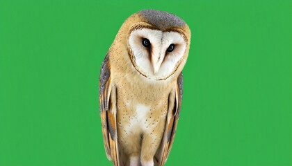 Curious Barn Owl with Tilted Head on Green Screen Background