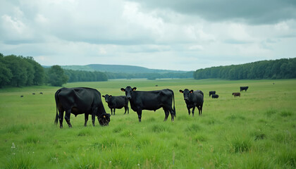 Black cows graze on a vast green meadow with rolling hills and forests in background. Herd animals wander freely on pasture under a cloudy sky. Rural landscape with livestock on natural farm land.