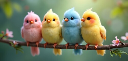 Naklejka premium Four fluffy pastel birds sit on a branch with soft pink flowers. They look cute and cheerful in spring nature. Lovely colors and bokeh background.
