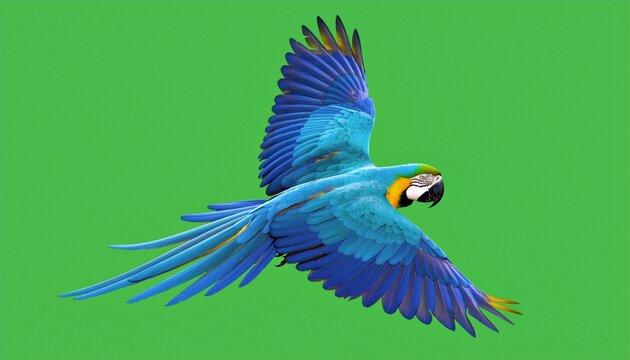 Majestic Blue and Yellow Macaw in Flight on Green Screen