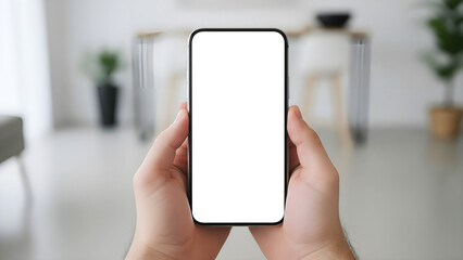 Hand holding mobile phone with blank white screen mockup in vertical portrait position using both hands over blurred modern minimalist home office for app design presentation and ads
