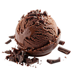 A rich scoop of dark chocolate ice cream adorned with shavings and chunks against a black background.