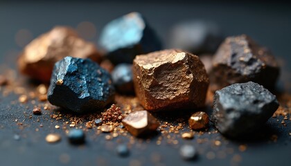 Fototapeta premium Group of raw precious metal ores and minerals scattered on dark surface. Shiny gold, bronze, blue and grey rocks, small grains and dust fragments symbolize wealth resource.