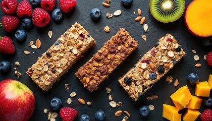 Three granola bars with oats nuts, berries on dark surface. Fresh fruits like apples blueberries raspberries kiwi, mango scattered around bars. Healthy snacks arranged for food photography.