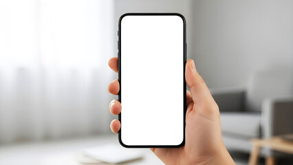 Hand holding mobile phone with blank white screen mockup in vertical portrait position over blurred modern minimalist living room home office background for app design presentation marketing
