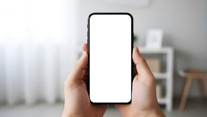 Hand holding mobile phone with blank white screen mockup in vertical portrait position using both hands over blurred minimalist indoor home office interior for app design marketing presentation
