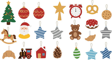 Cute collection of Christmas hanging ornaments featuring Santa Claus reindeer gingerbread train and festive holiday decorations isolated on white. © sahajahan