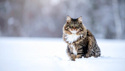 Long-haired tabby cat with white chest sitting in snow, snowflakes on fur, winter background with trees.