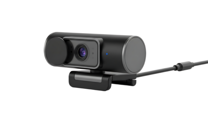 Black Computer Webcam with Built-in Microphone and Adjustable Mount on White Background