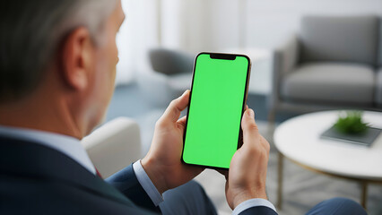 Hand holding mobile phone with green screen chroma key mockup in vertical portrait held by mature businessman in modern office interior for app design marketing digital advertising
