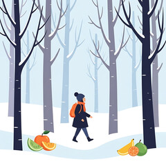 A person walking through a snowy forest with bare trees and scattered fresh fruit in the foreground