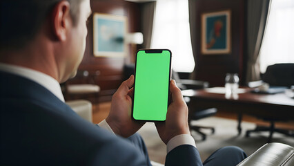 Hand holding mobile phone mockup green screen chroma key vertical portrait orientation held by businessman in luxury office interior for app design presentation digital marketing advertising
