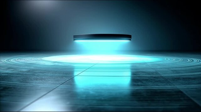 A futuristic ring hovers above a dark floor, emitting a bright blue light that creates diverging energy circles on the surface