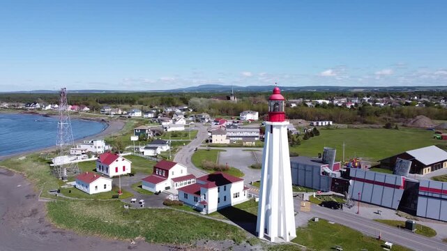 Aerial overview of the Pointe-au-P&egrave;re Lighthouse and houses, Rimouski Qc