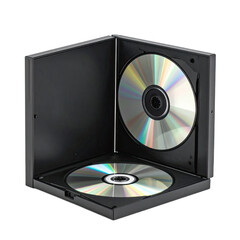 Two Compact Discs Displayed Open in a Black Jewel Case Against a Dark Background