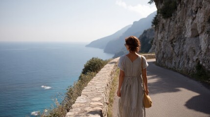 Woman walking on a narrow road with a beautiful view of the ocean. she is wearing a long, flowy dress with a striped pattern and carrying a beige purse.