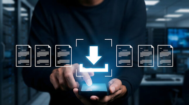 Close up of hands using smartphone for downloading digital files,concept of secure data transfer and storage,man accessing cloud documentation,high speed internet for business files - Powered by Adobe