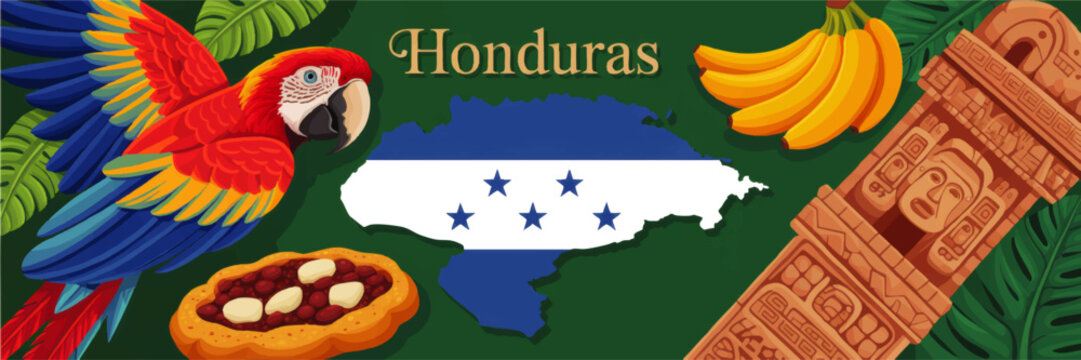 Honduras travel background with scarlet macaw, national flag map, Mayan ruins, tropical leaves, bananas and traditional food illustration