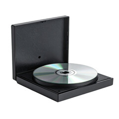 A single compact disc rests inside an open black jewel case against a dark background.