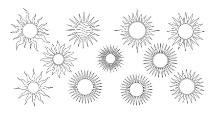 Collection of twelve different sun designs in a black and white line art style, showing various artistic rays and geometric shapes.