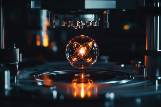 Floating quantum sphere illuminated by advanced machinery in a dark laboratory setting - Powered by Adobe