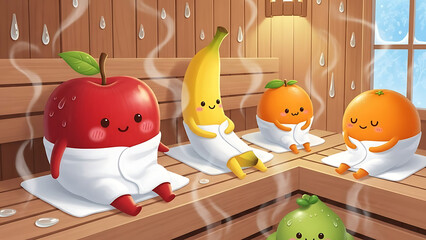 Fruits relaxing in a wooden sauna with steam and towels