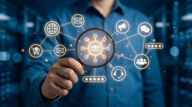 Businessman,hand,holding,magnifying,glass,to,focus,on,omni-channel,strategy,icon,network,on,blurred,background,concept,of,marketing,integration,customer,journey,and,business,optimization. - Powered by Adobe