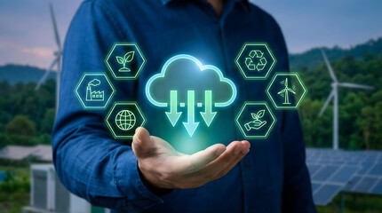 Professional,hand,holding,glowing,cloud,computing,icon,with,renewable,energy,symbols,for,environmental,sustainability,green,technology,data,storage,and,eco,friendly,digital,solutions.
