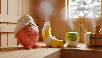 Strawberry banana and apple in a steaming sauna with towels