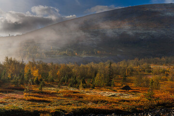 A Picturesque Mountain Valley Under a Stormy Sky with Autumn Colors and a Rare Forest Against a Mountainous Landscape