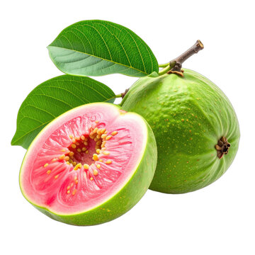 Vibrant pink-fleshed guava fruit with green rind and leaves isolated on black.