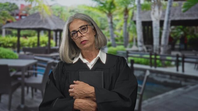 Woman judge wearing black robe and glasses holding book to chest with hands beside pool in resort building outdoor seating area; authority dignity.