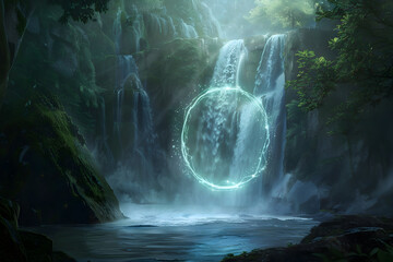 Mystical water portal with inward flowing waterfall in enchanted forest