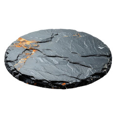 A dark, circular slate stone with rugged edges and orange mineral accents.
