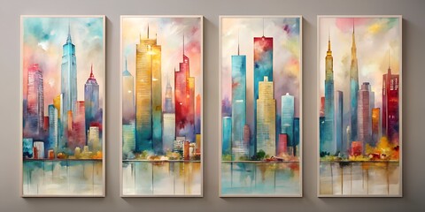 Vibrant cityscape triptych artwork with skyscrapers and water reflection